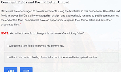 Screenshot: Comment Fields and Formal Letter Upload page of form.