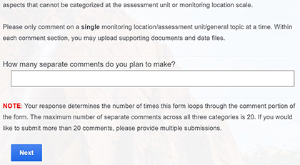 Screenshot: text field entitled: How many separate comments do you plan to make?
