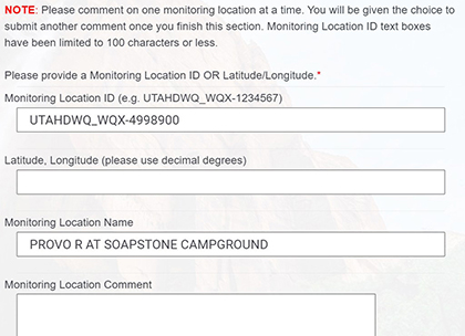 Picture of monitoring location page of form, with text fields for Monitoring Location ID, Latitude/Longitude, Monitoring Location Name, and Monitoring Location Comment. Includes example ID of UTAHDWQ_WQX-4998900 and example monitoring location name of PROVO R AT SOAPSTONE CAMPGROUND.