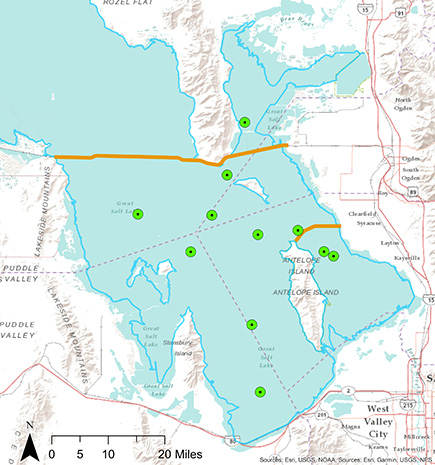 Map of water quality and brine shrimp monitoring locations