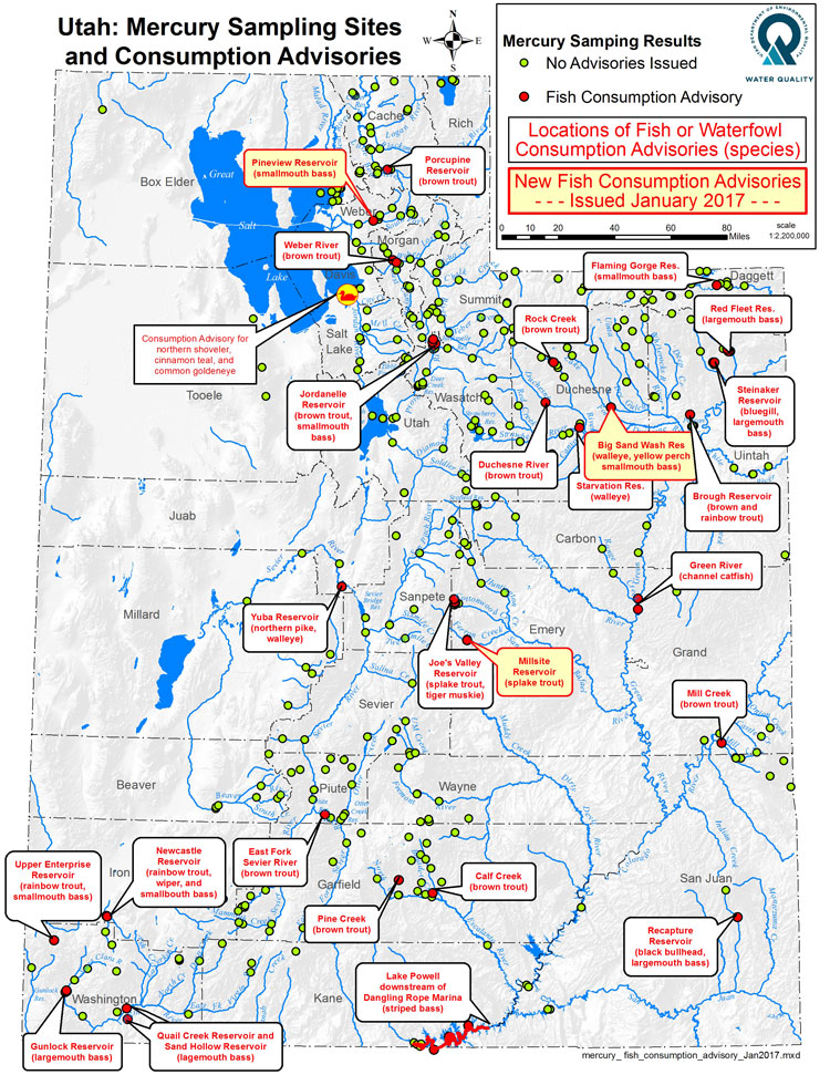 Map: Utah mercury sampling sites and consumption advisories