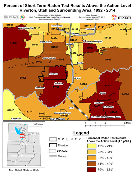 Map showing the where radon is highest in the Salt Lake Valley