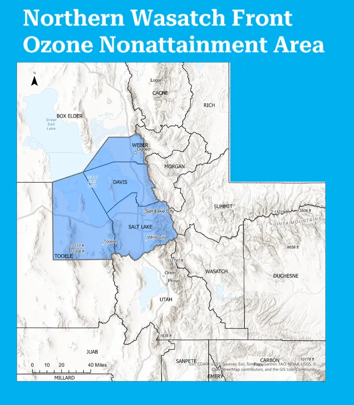 Map of northern Utah highlighting the Northern Wasatch Front Ozone Nonattainment Area in blue. The highlighted region includes all of Salt Lake County (including Salt Lake City) and Davis County, the western portion of Weber County (including Ogden), and the eastern portion of Tooele County (including the city of Tooele and the southern portion of the Great Salt Lake).