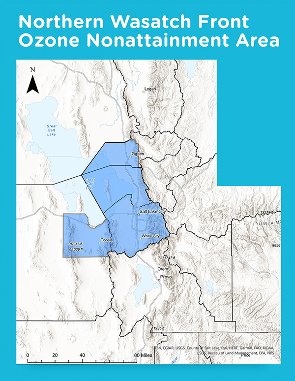 Utah map highlighting the Northern Wasatch Front Non-attainment Area