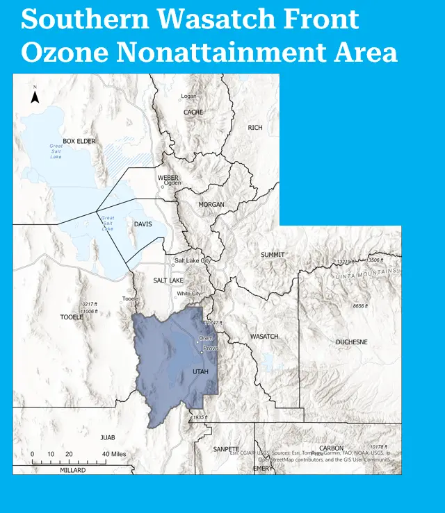 A map of Utah showing the Southern Wasatch Front Ozone Nonattainment Area highlighted in blue. The area primarily covers Utah County, located south of the Northern Wasatch Front area.
