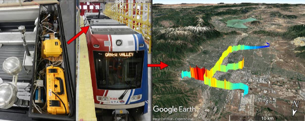 Photos and data from Logan Mitchell. Ozone and particulate matter sensors are housed on the Utah Transit Authority TRAX light rail.