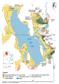 Map of primary wetland classes around the Great Salt Lake and wetland management areas