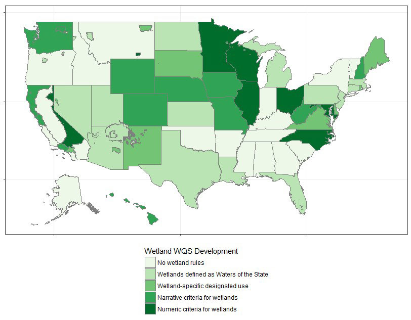 Map of the current status of state and tribal wetland water quality standard development