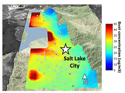 Graphic of a map of Salt Lake City with average PM2.5 concentrations for all dust events identified for the spring of 2022 for the Wasatch Front. PM2.5 concentrations estimated from HYSPLIT- STILT dust simulations.