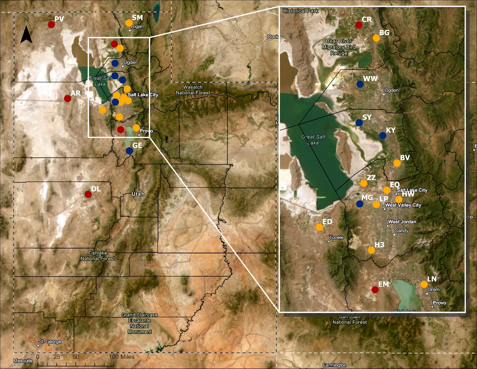 A satellite-view map of Utah showing the 20 stations of the Utah Dust Observation and Research Network (UDORN), divided into Core and Satellite categories. A large inset box provides a magnified view of the densely populated Wasatch Front and Great Salt Lake area.

The stations are color-coded by their research role and operational timeline:

Core Stations (10 Gold Circles): Concentrated along the Wasatch Front near the Great Salt Lake (e.g., Brigham City, Salt Lake City, Herriman). These are long-term neighborhood monitors operating from 2026–2031 to study dust impacts on local communities.

Near-Lake Satellite Stations (5 Blue Circles): Located along the eastern and southern shores of the Great Salt Lake (e.g., West Weber, Syracuse, Magna). These operate from 2026–2028 to specifically study lakebed and human-caused dust.

Regional Satellite Stations (5 Red Circles): Positioned at the state's periphery and further inland (e.g., Park Valley to the north, Aragonite to the west, and Delta/Eagle Mountain to the south). These operate from 2029–2031 to measure dust blowing in from regional deserts and dry lakes.